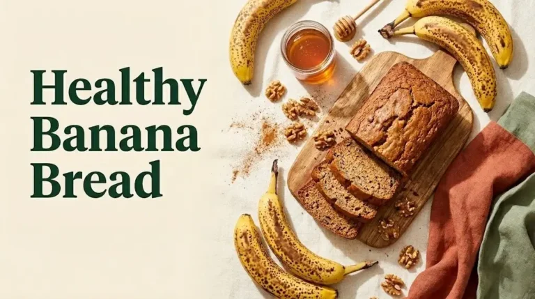 Sliced healthy banana bread loaf with walnuts on a wooden board, surrounded by ripe bananas and honey.