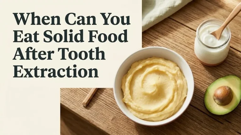 Soft recovery foods including mashed sweet potato and yogurt beside the text When Can You Eat Solid Food After Tooth Extraction