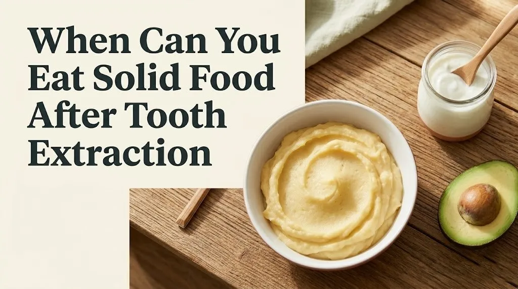 Soft recovery foods including mashed sweet potato and yogurt beside the text When Can You Eat Solid Food After Tooth Extraction