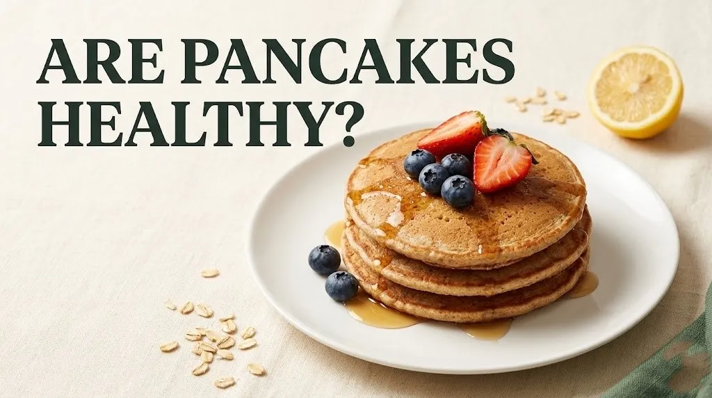 Stack of whole wheat pancakes with fresh berries on white plate beside Are Pancakes Healthy text overlay