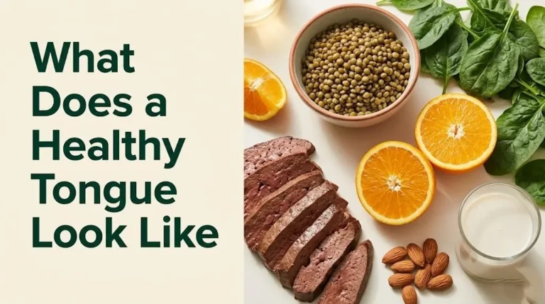 What does a healthy tongue look like guide banner with tongue-health foods including lentils, spinach, and citrus on cream