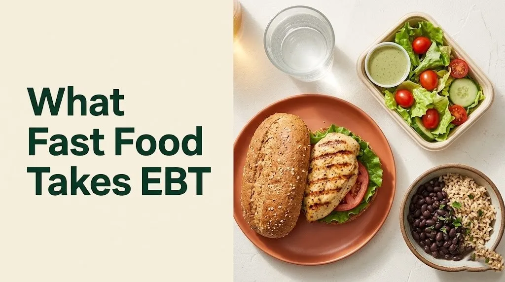 What fast food takes EBT guide banner with grilled chicken sandwich, salad, and black beans on cream background
