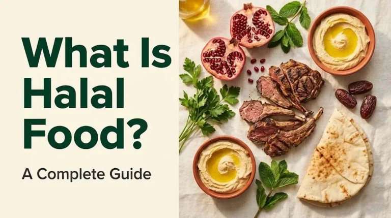 What is halal food guide banner showing grilled lamb, pomegranate, hummus, dates, and flatbread on cream linen