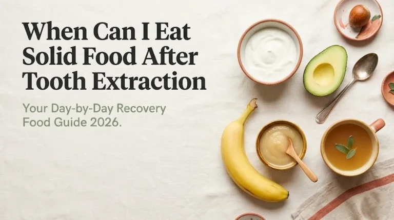 When can I eat solid food after tooth extraction guide showing soft recovery foods including yogurt, avocado, and broth