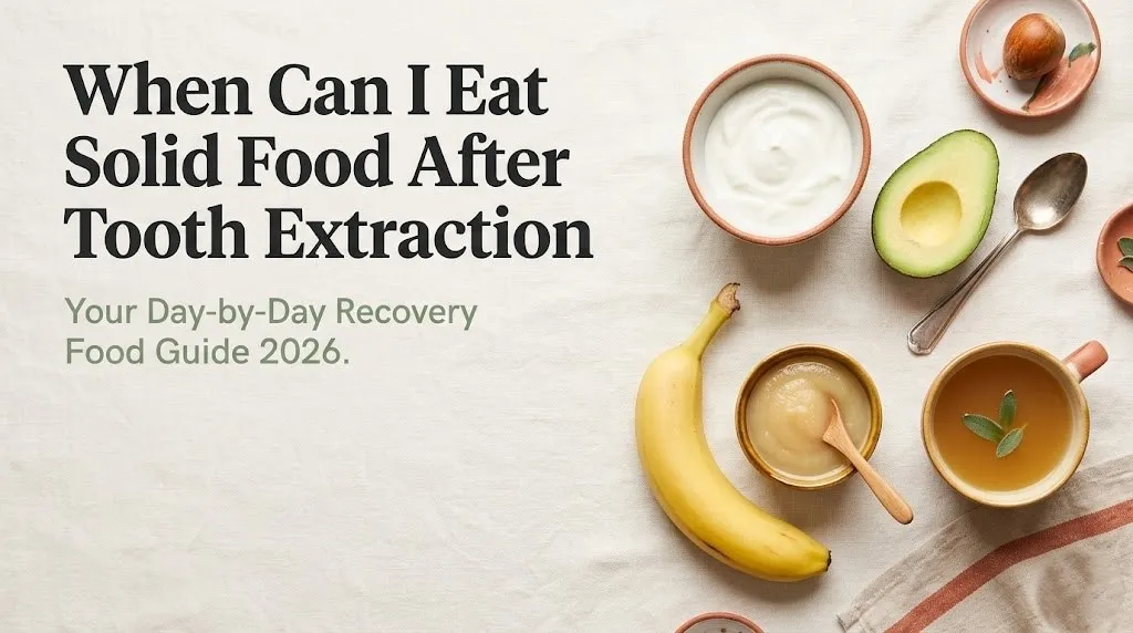 When can I eat solid food after tooth extraction guide showing soft recovery foods including yogurt, avocado, and broth