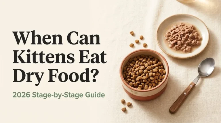 When can kittens eat dry food ceramic bowl of dry kitten kibble beside a moistened food saucer on cream linen background.