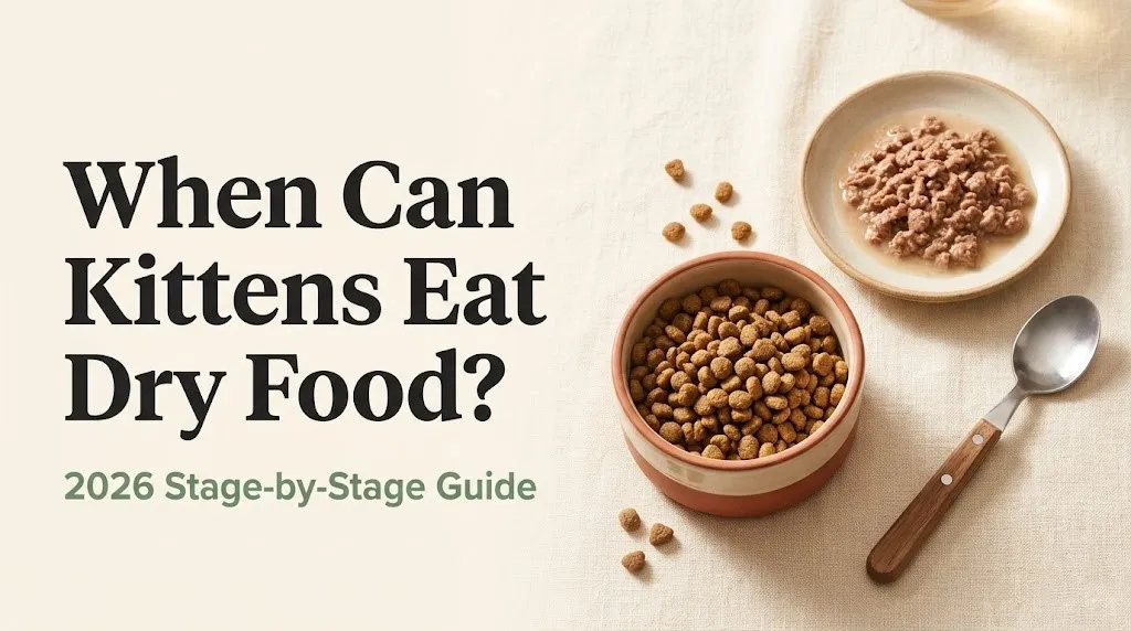 When can kittens eat dry food ceramic bowl of dry kitten kibble beside a moistened food saucer on cream linen background.
