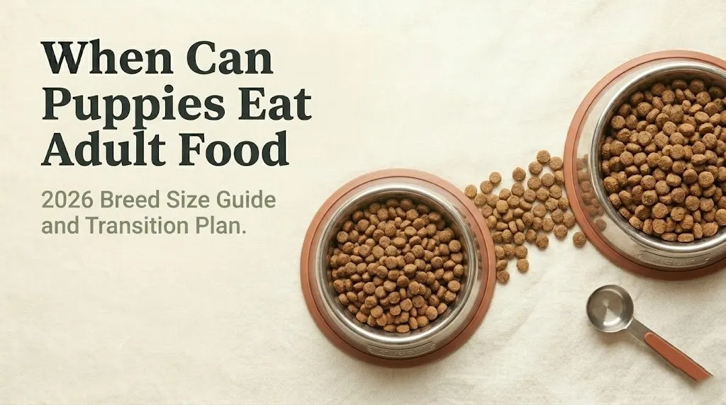 When can puppies eat adult food guide showing puppy kibble and adult dog food bowls side by side on warm cream background