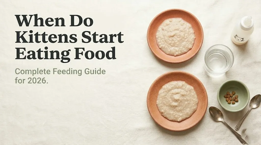 When do kittens start eating food guide showing kitten feeding bowl, water dish, and bottle on cream background