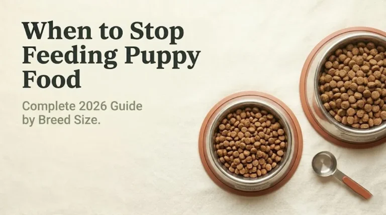 When to stop feeding puppy food guide showing puppy kibble and adult dog food bowls side by side on cream background