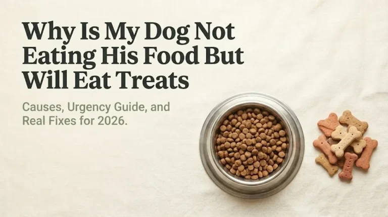 Why is my dog not eating his food but will eat treats guide showing untouched kibble bowl next to dog treats on cream background