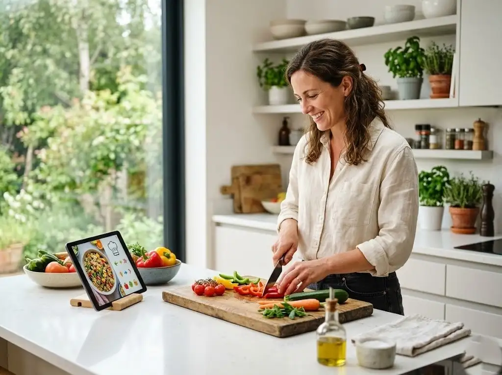 Woman in a bright kitchen preparing a healthy meal while reading a recipe on a tablet