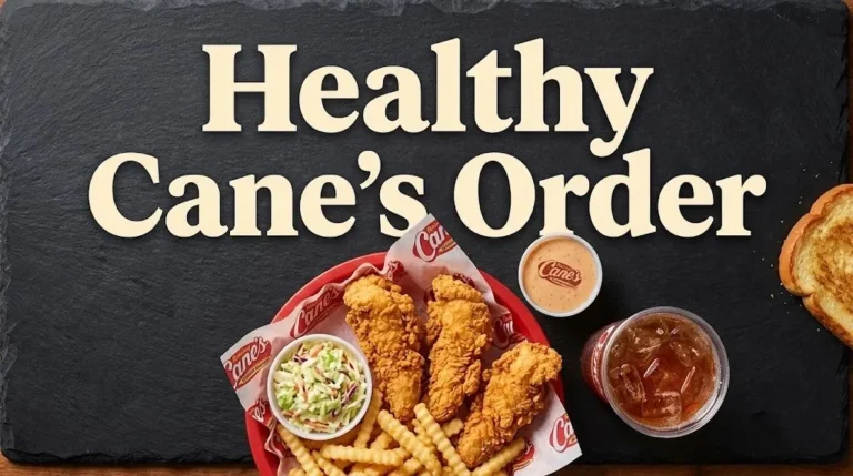 A 3-finger Cane's combo with sauce on a dark surface under the headline Healthy Cane's Order.