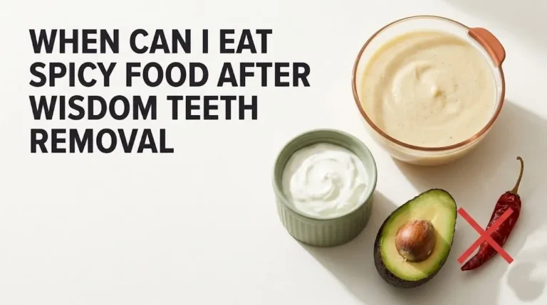 A blog banner showing soft recovery foods and a red chili with an X, titled when can i eat spicy food after wisdom teeth removal