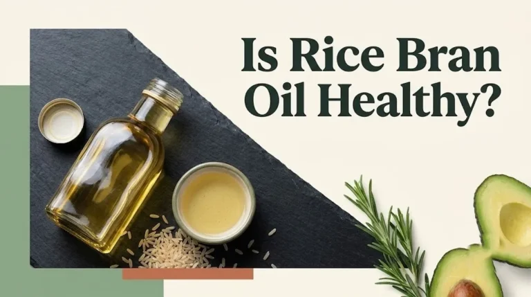 A bottle of golden rice bran oil on a dark surface with the text Is Rice Bran Oil Healthy displayed as a bold headline.