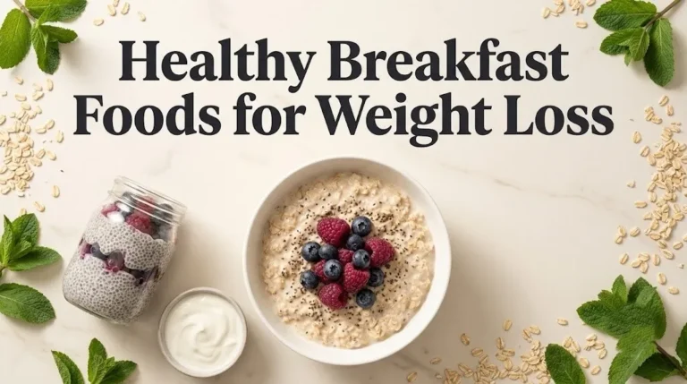 A bowl of overnight oats with berries and chia seeds under the headline Healthy Breakfast Foods for Weight Loss in a bright, editorial food flat-lay.