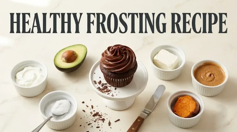 A chocolate cupcake with dark avocado frosting surrounded by healthy frosting ingredients under the headline Healthy Frosting Recipe.