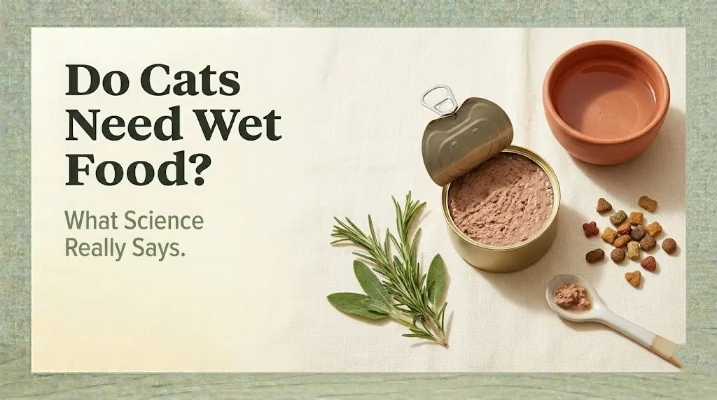 A flat-lay banner reading Do Cats Need Wet Food with an open can of wet cat food and water bowl on a cream background.