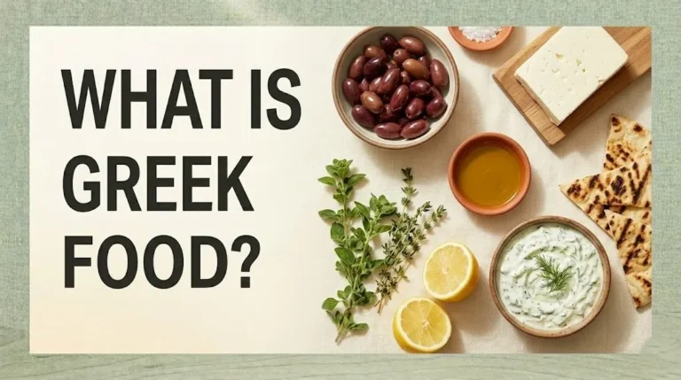 A flat-lay spread of Greek food ingredients including feta, olives, tzatziki, and olive oil with the text What Is Greek Food