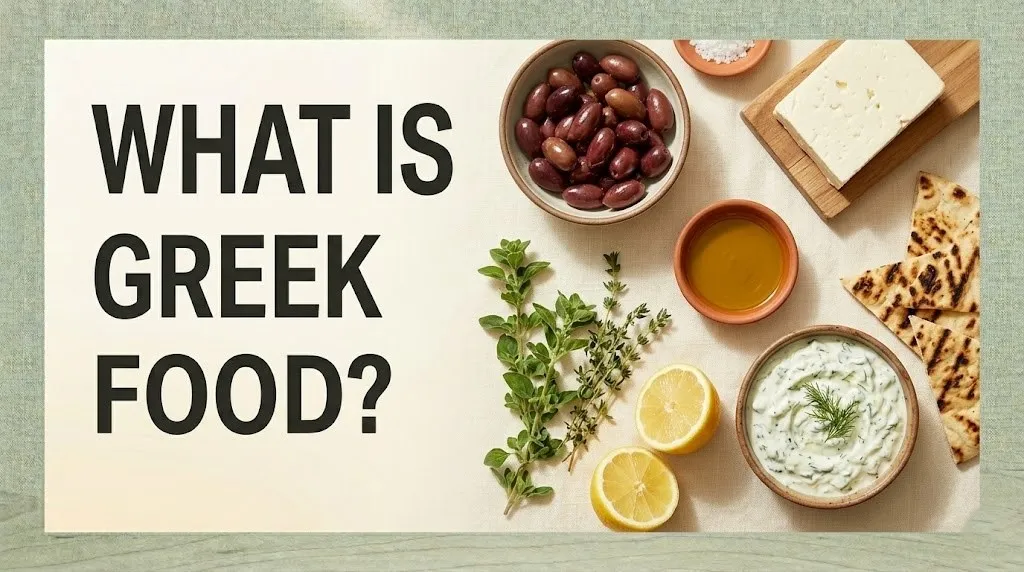 A flat-lay spread of Greek food ingredients including feta, olives, tzatziki, and olive oil with the text What Is Greek Food
