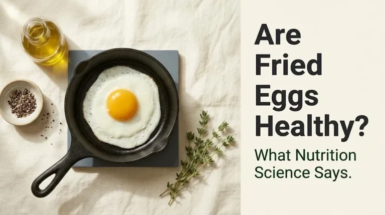 A golden fried egg in a skillet with the text Are Fried Eggs Healthy displayed as a bold headline overlay.