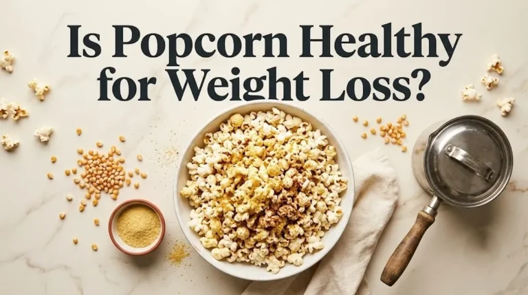 A large bowl of air-popped popcorn with nutritional yeast under the headline Is Popcorn Healthy for Weight Loss.