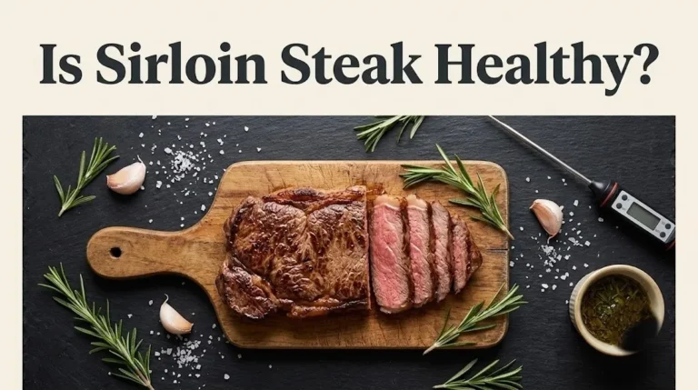 A sliced medium-rare sirloin steak on a wooden board with the text Is Sirloin Steak Healthy displayed as a bold headline.