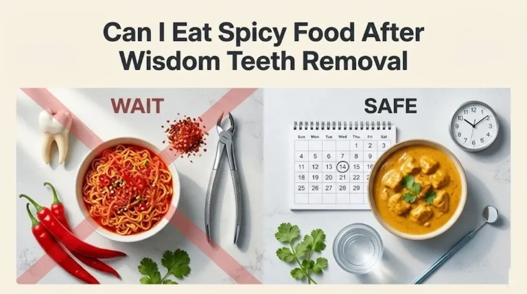 A split comparison image showing spicy noodles crossed out versus mild golden curry, with the headline Can I Eat Spicy Food After Wisdom Teeth Removal
