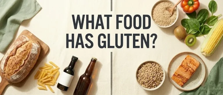 A split comparison of gluten-containing foods like bread and soy sauce versus gluten-free foods like rice and vegetables, with the question What food has gluten