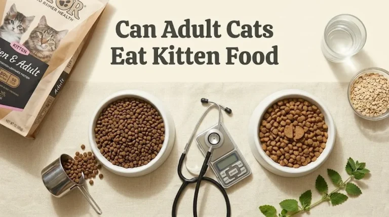 A top-down comparison image showing two bowls of cat food with the headline Can Adult Cats Eat Kitten Food overlaid