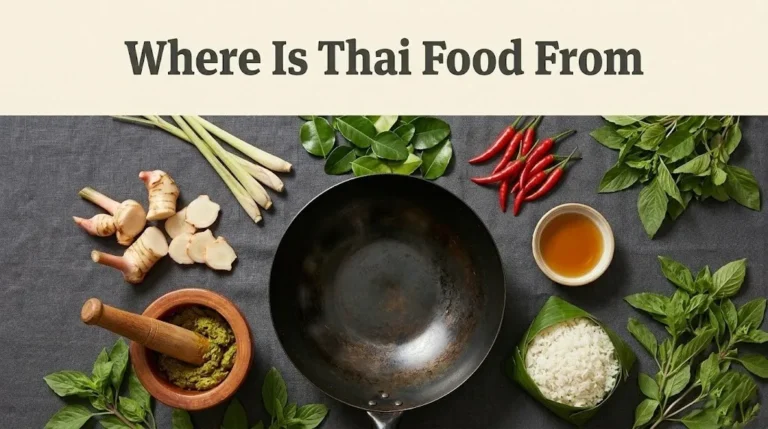 A top-down flat-lay showing fresh Thai ingredients and a wok with the headline Where Is Thai Food From overlaid