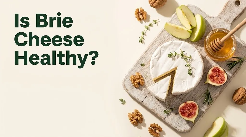 A wedge of creamy brie cheese with apple and fig on a wood board, with text reading Is Brie Cheese Healthy