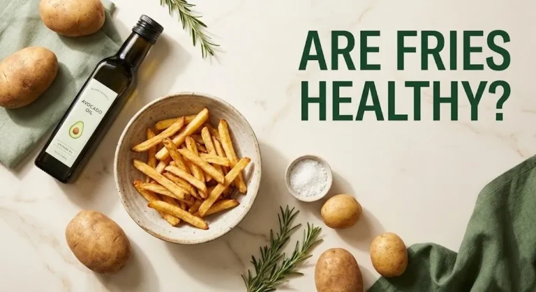 Air-fried french fries in a bowl with fresh potatoes and avocado oil, with text overlay asking Are Fries Healthy
