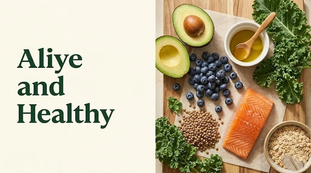 Alive and healthy food guide banner with colorful whole foods including salmon, avocado, oats, berries, and kale on cream background.