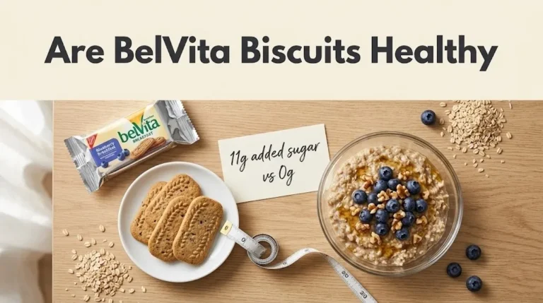 An overhead comparison of BelVita breakfast biscuits and a bowl of oatmeal with berries, with the headline Are BelVita Biscuits Healthy