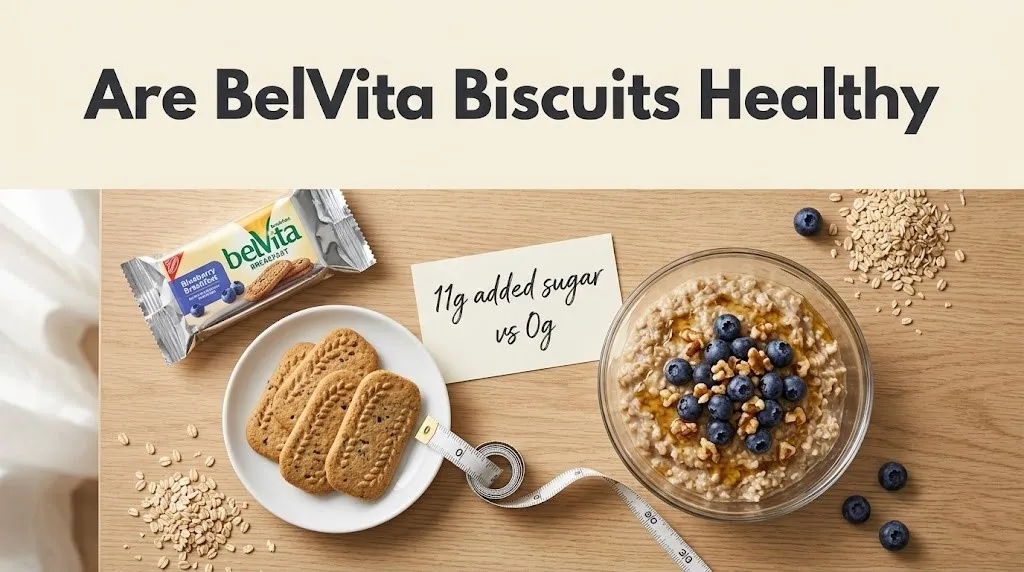 An overhead comparison of BelVita breakfast biscuits and a bowl of oatmeal with berries, with the headline Are BelVita Biscuits Healthy