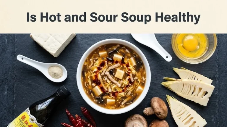 An overhead flat-lay of a bowl of hot and sour soup with fresh ingredients and the headline Is Hot and Sour Soup Healthy overlaid for nutritional evaluation.
