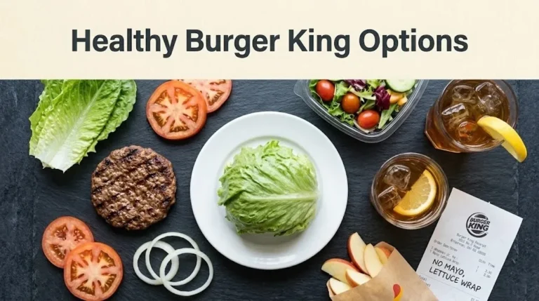 An overhead flat-lay of a lettuce-wrapped burger, side salad, and iced tea with the headline Healthy Burger King Options overlaid