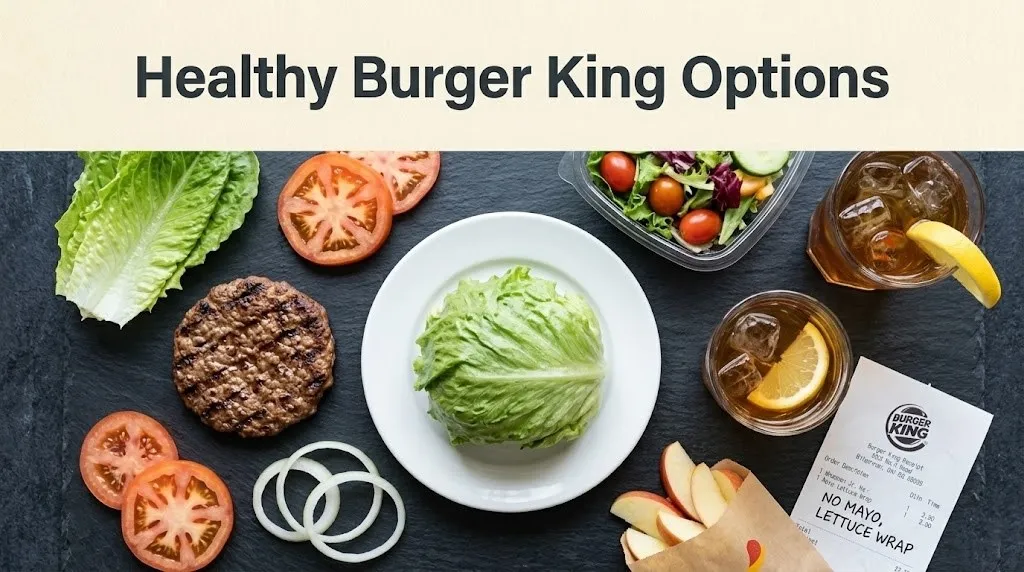 An overhead flat-lay of a lettuce-wrapped burger, side salad, and iced tea with the headline Healthy Burger King Options overlaid