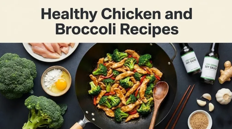 An overhead flat-lay of a wok filled with chicken and broccoli stir-fry surrounded by fresh ingredients, with the headline Healthy Chicken and Broccoli Recipes