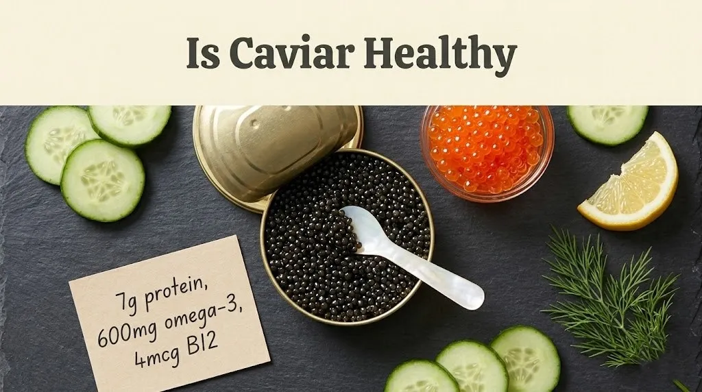 An overhead flat-lay of black sturgeon caviar and orange salmon roe with the headline Is Caviar Healthy overlaid