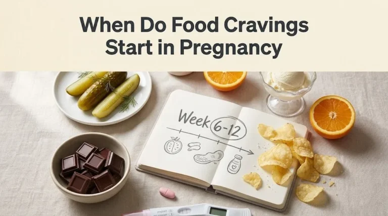 An overhead flat-lay of common pregnancy craving foods and a journal showing Week 6-12 with the headline When Do Food Cravings Start in Pregnancy overlaid.
