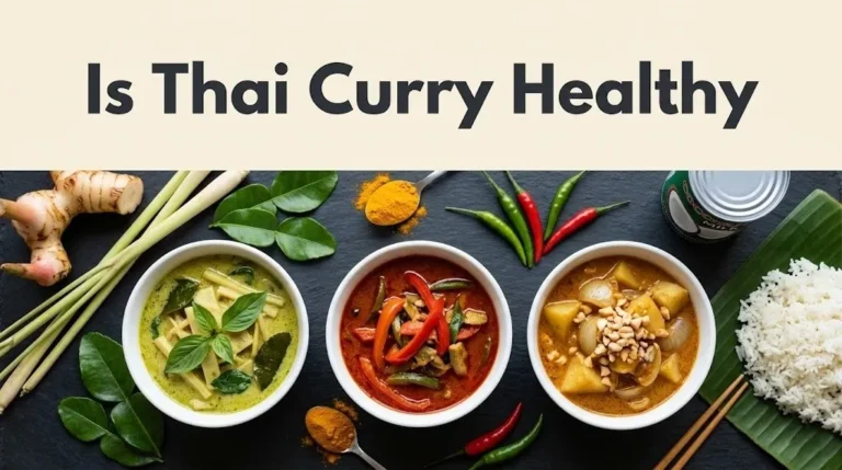 An overhead flat-lay of green, red, and massaman Thai curries with fresh paste ingredients and the headline Is Thai Curry Healthy