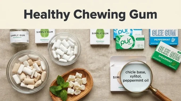 An overhead flat-lay of healthy chewing gum brands and chicle sap with the headline Healthy Chewing Gum overlaid for ingredient comparison.