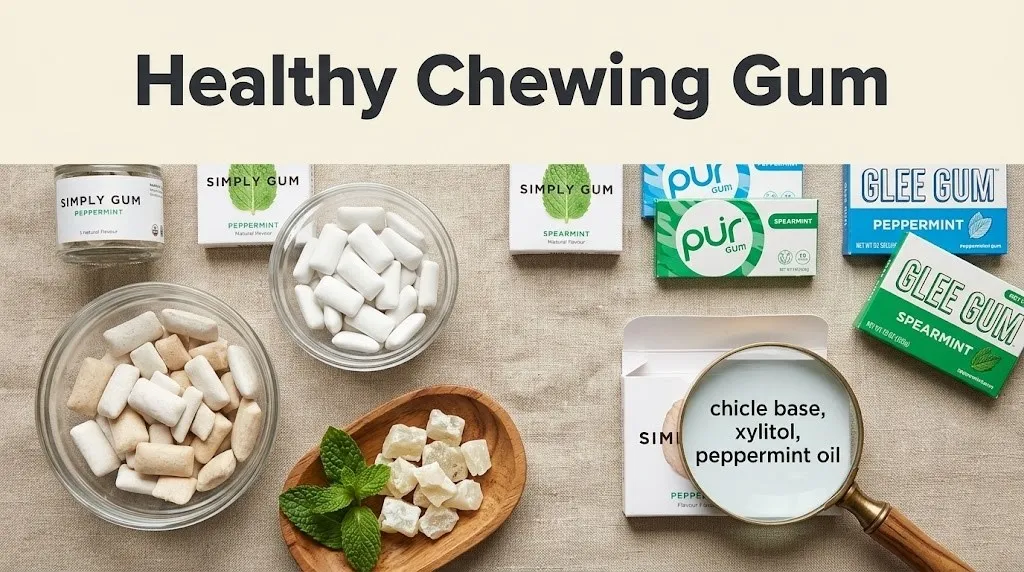 An overhead flat-lay of healthy chewing gum brands and chicle sap with the headline Healthy Chewing Gum overlaid for ingredient comparison.