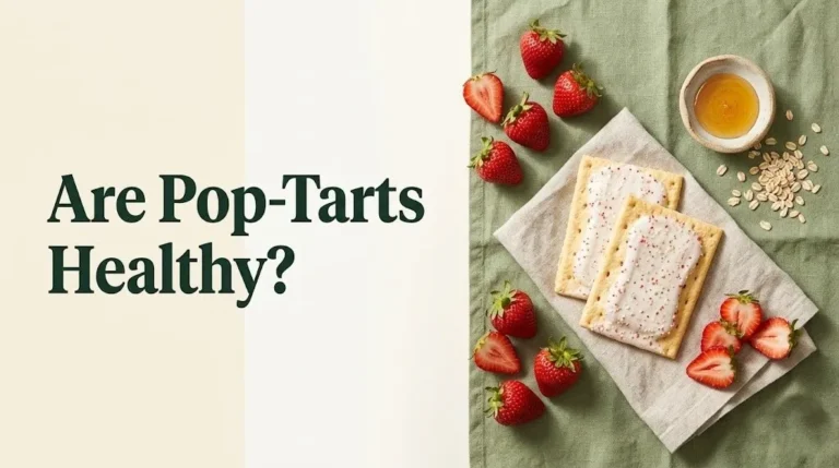 Are Pop-Tarts Healthy Flat-lay photo of frosted strawberry pop tarts with fresh fruit on cream background