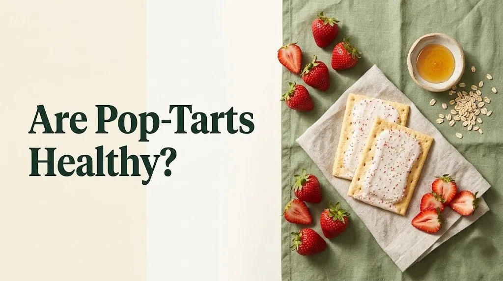 Are Pop-Tarts Healthy Flat-lay photo of frosted strawberry pop tarts with fresh fruit on cream background