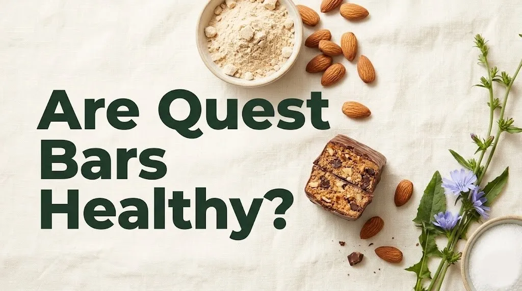 Are Quest Bars Healthy headline over flat-lay of protein bar ingredients including almonds and whey powder on cream background