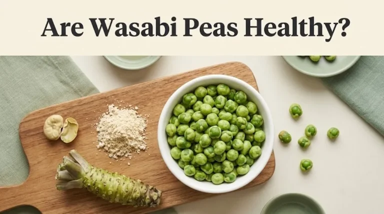 Are Wasabi Peas Healthy banner showing a bowl of green wasabi peas next to horseradish powder and a fresh wasabi rhizome.