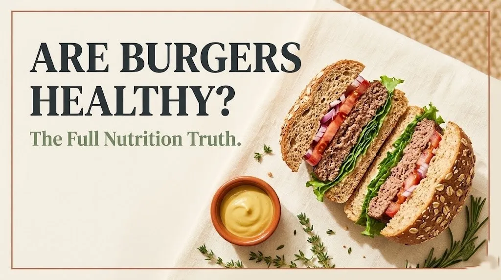 Are burgers healthy overhead flat-lay of a homemade lean beef burger on whole grain bun with fresh toppings